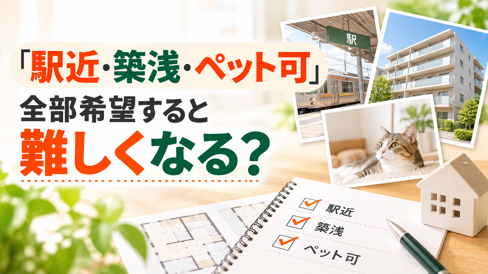 「駅から近いところに住みたい」「できれば築年数の浅い建物がいい」「大切なペットと一緒に暮らしたい」。